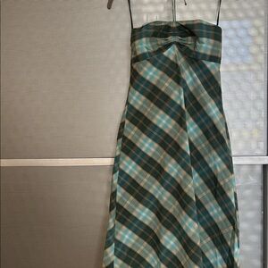 Theory Madras/Plaid Blue/Beige Halter Dress, Size 2